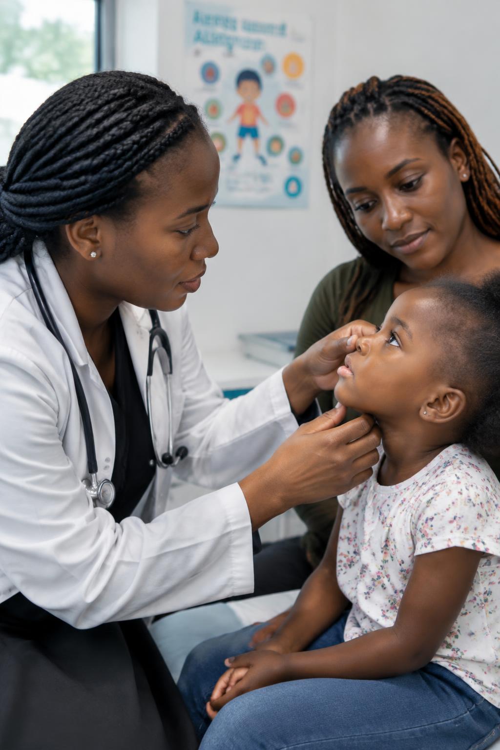Black paediatrician examining a child for allergies with her mother
