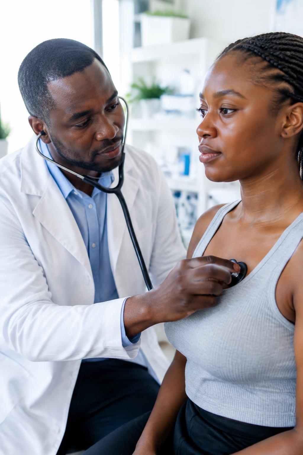 Black doctor listening to a woman's chest with a stethoscope