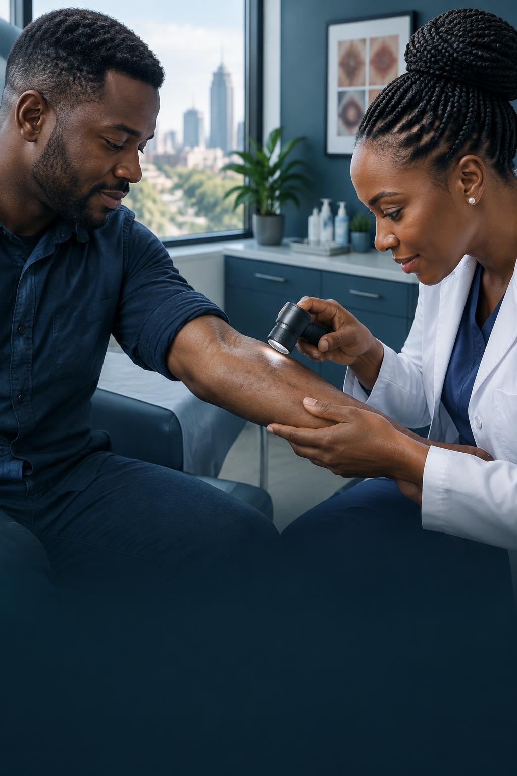 Black dermatologist examining a man's arm
