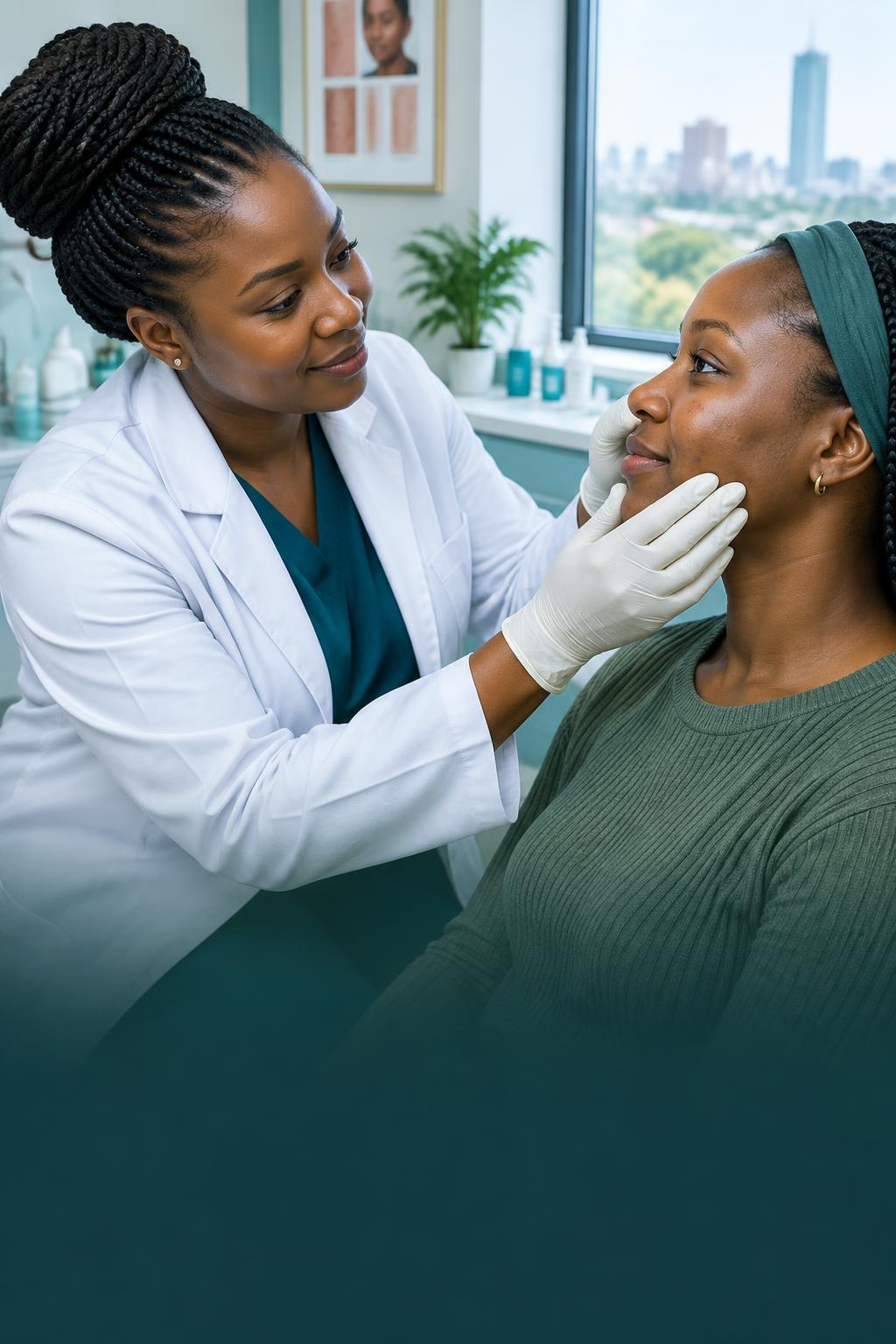 Black dermatologist examining a woman's facial skin